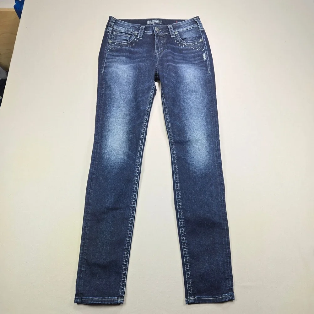 Silver Jeans Suki Super Skinny Rhinestone Mid Rise Dark Wash Womens 29x31 - Picture 1 of 14